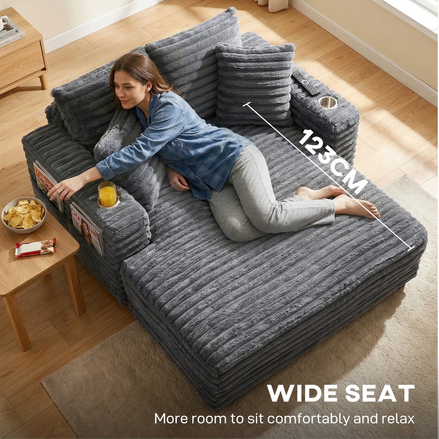 60" Chaise Lounge Chair, Oversized Upholstered Sofa Bed with Cup Holders & Pillows, Sleeper Couch for Living Room, Grey