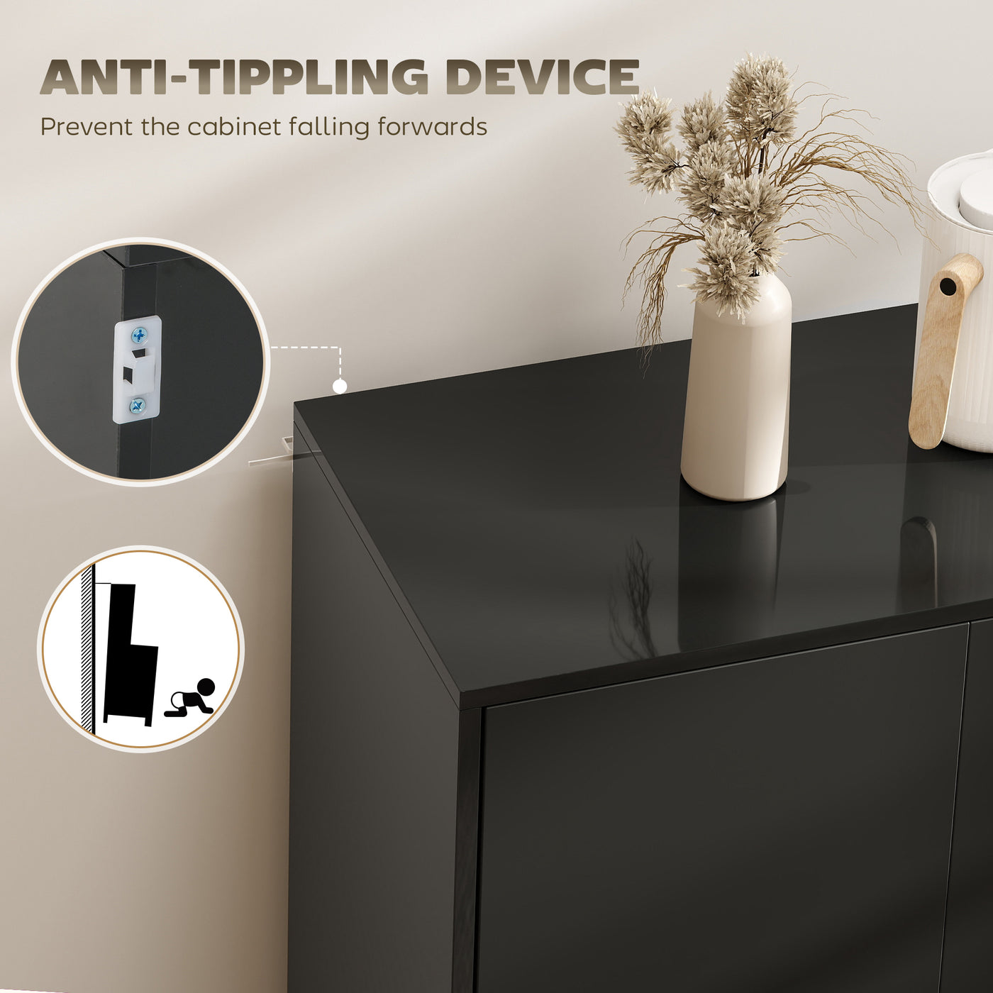 Kitchen Sideboard Storage Cabinet, Modern Coffee Bar Cabinet with Push-Open Design and 2 Drawers for Living Room, Black