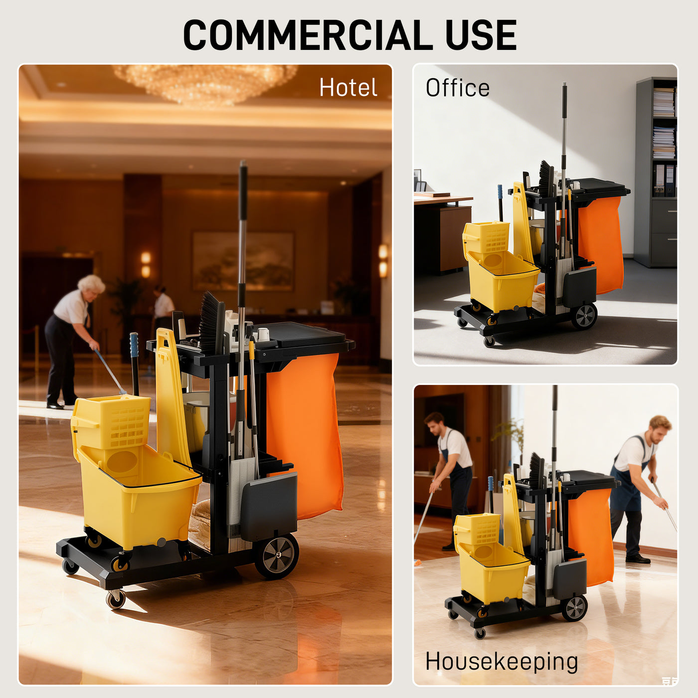 Commercial Janitorial Cart with 3 Tier Shelves, Cleaning Cart with Rubbish Bag and Mop Mount for Hotel Restaurant, Black