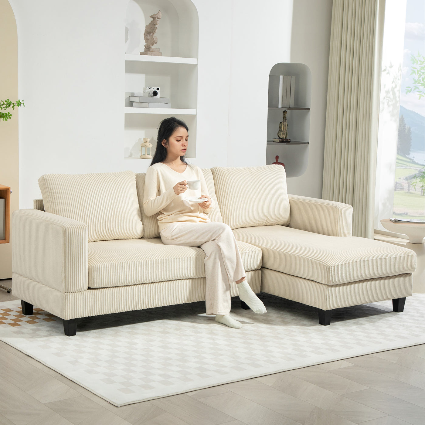 L Shaped Couch, L Shape Sofa with Chaise Lounge and Spring Cushion for Living Room, Bedroom, Beige