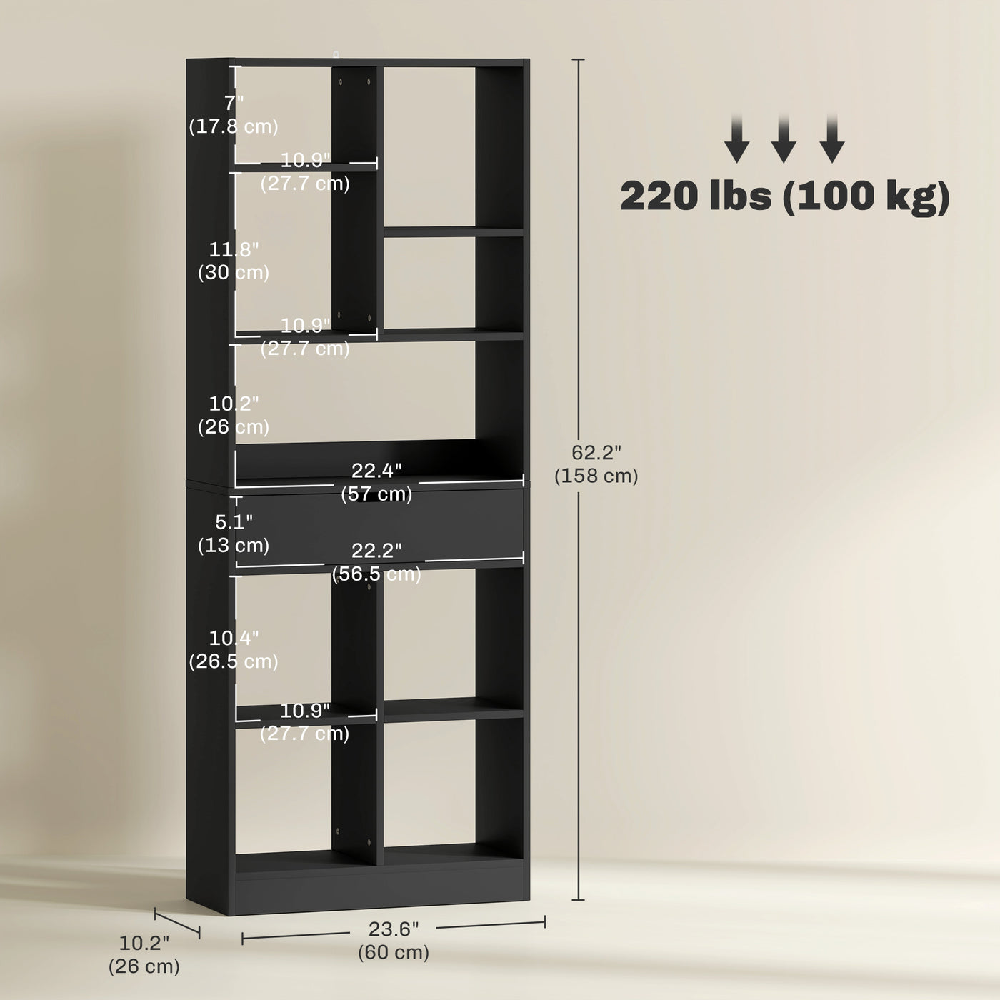 Tall Bookshelf with Drawer, Freestanding Bookcase for Bedroom, Living Room, Home Office, Black