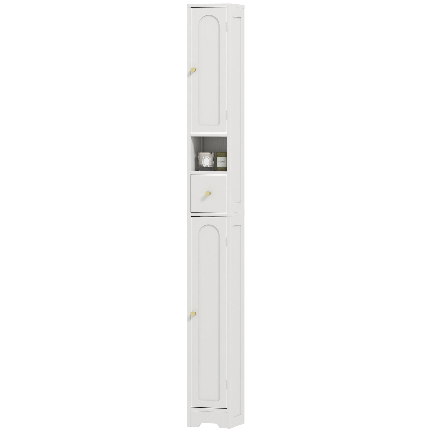 Tall Bathroom Cabinet, Modern Slim Bathroom Storage with Arched Doors, Drawer and Open Shelf, Narrow Storage, White