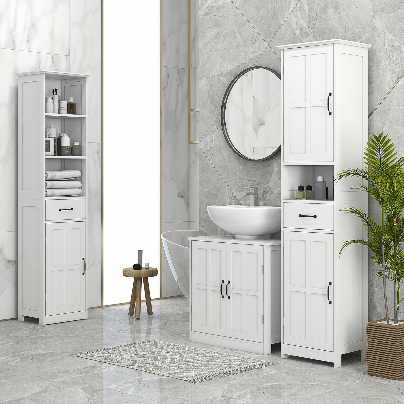 Pedestal Under Sink Cabinet, Bathroom Vanity Cabinet Storage with Double Doors and Adjustable Shelf, White