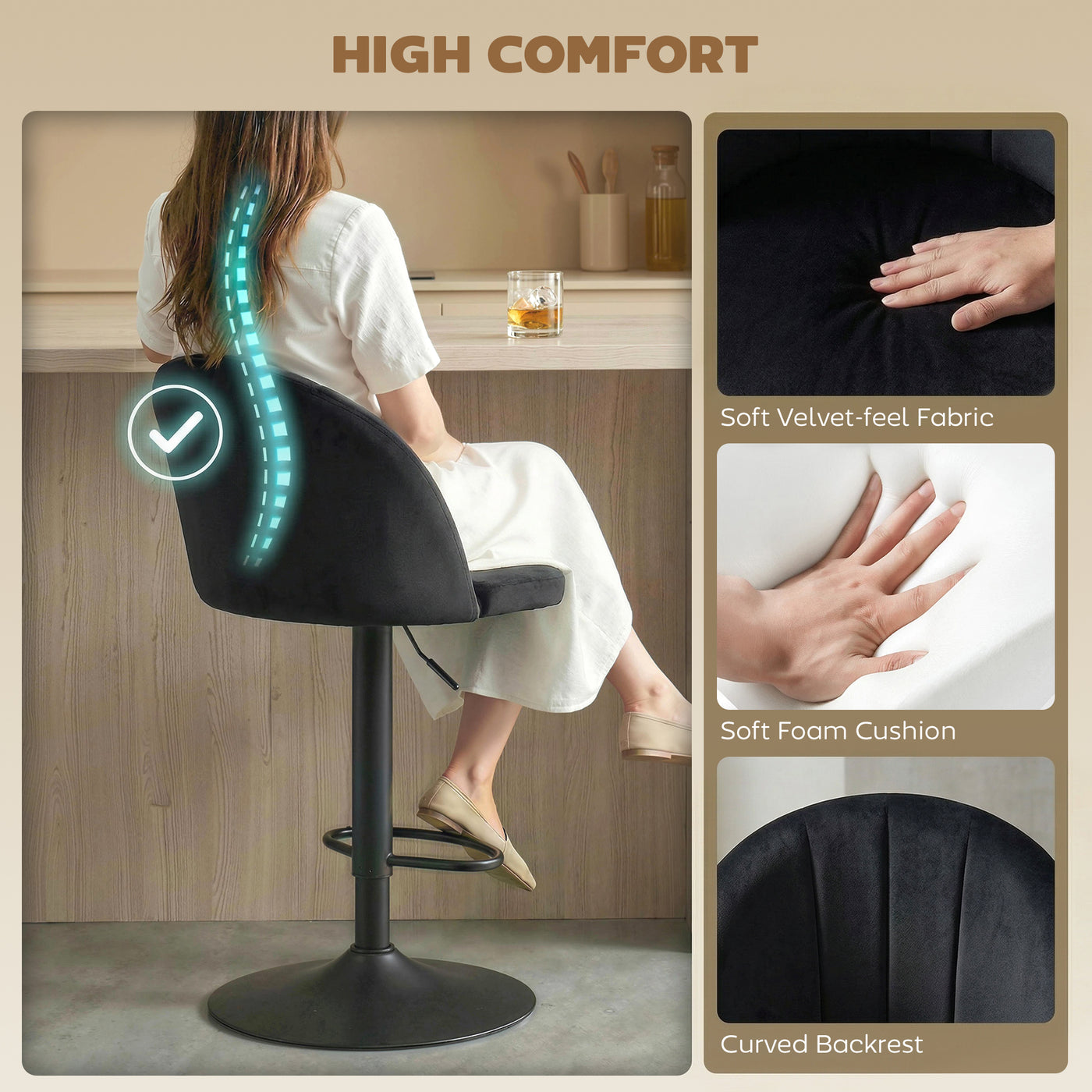 Bar Stools Set of 2, Swivel Counter Height Barstools with Footrest, Black