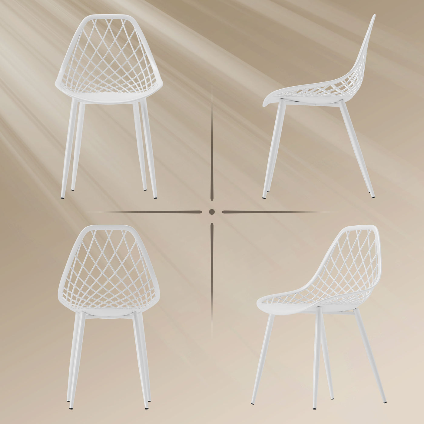 Modern Dining Chairs Set of 4, Plastic Kitchen Chairs with Hollow Backrest and Metal Legs for Living Dining Room, White