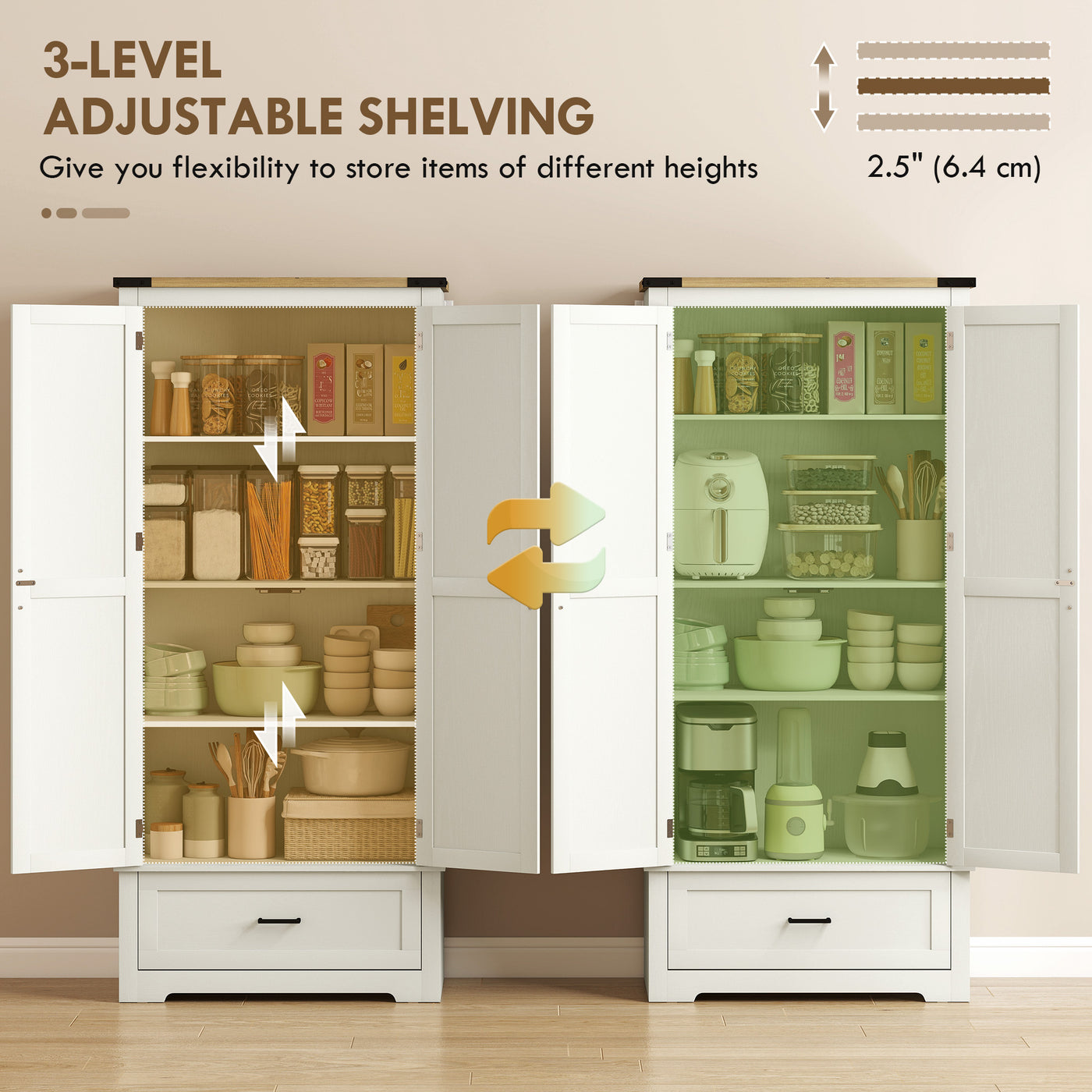 69" Tall Farmhouse Kitchen Pantry Cabinet with 2 Doors, Drawer and Adjustable Shelves, Cream White