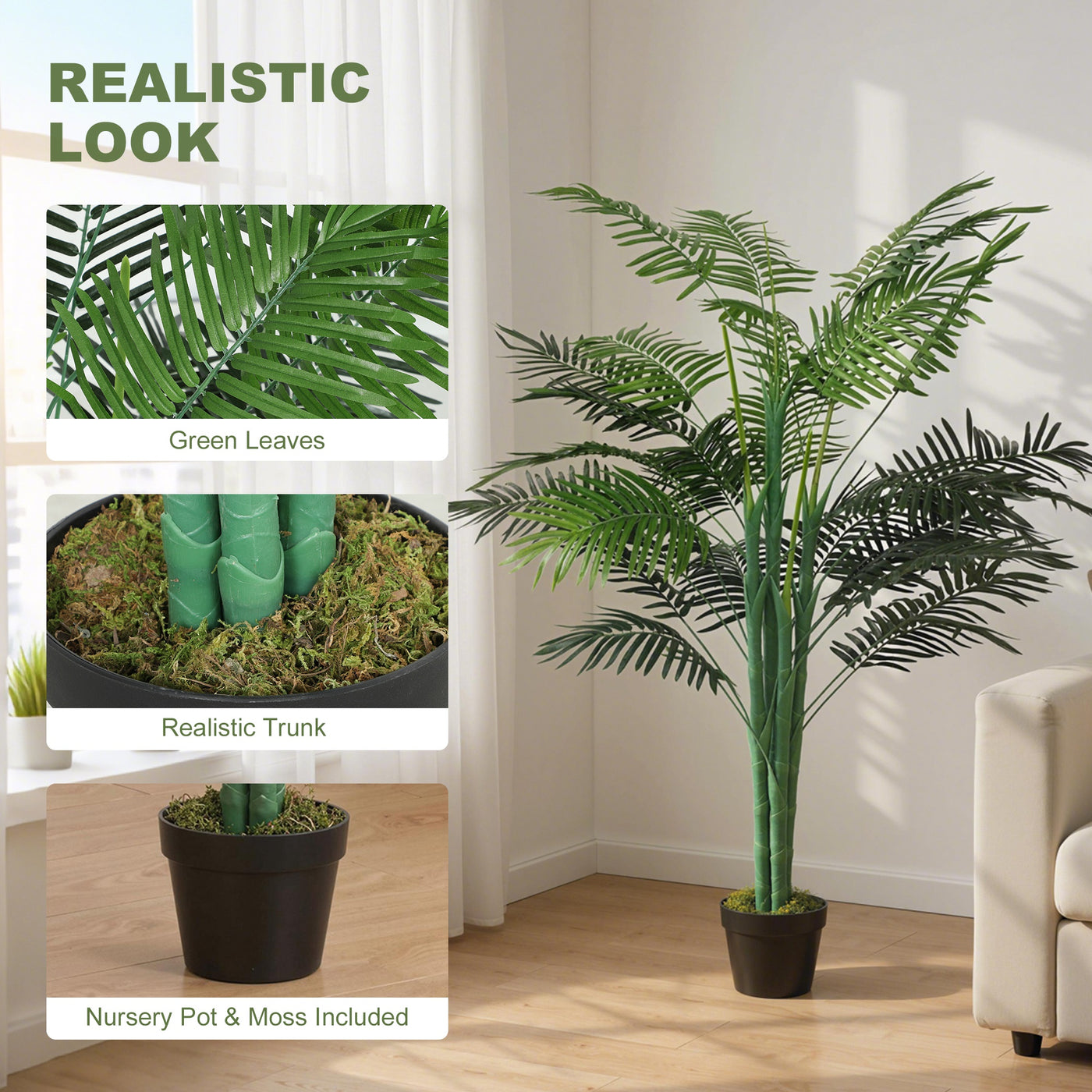 5FT Artificial Palm Tree, Fake Tropical Tree with Lifelike Leaves, Faux Plant in Pot for Indoor Decoration, Green