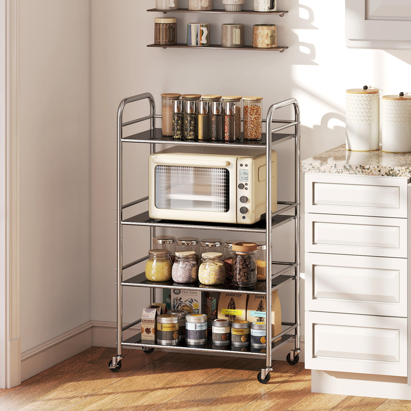 4 Tier Stainless Steel Rolling Cart with Adjustable Shelves, Utility Cart on Wheels with Handles for Kitchen, Silver