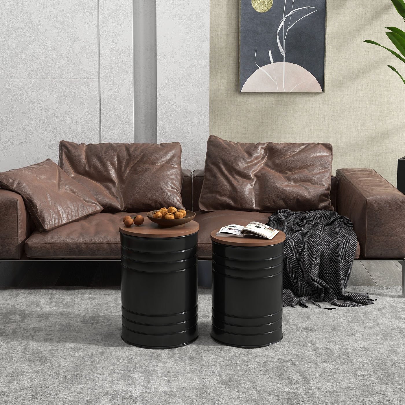 Round Side Table Set of 2, Nesting Coffee Tables w/ Wooden Lid, Metal Frame and Hidden Storage Space for Bedroom, Black
