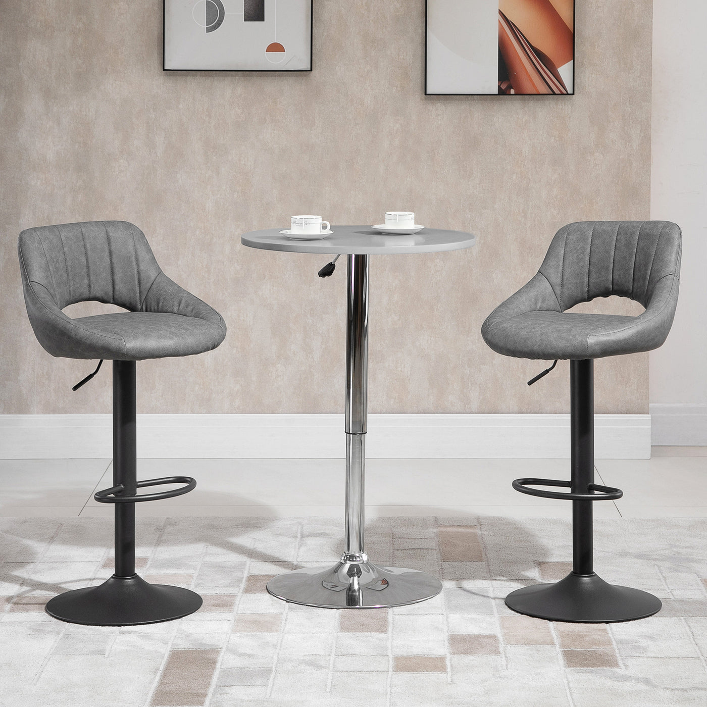 Bar Stools Set of 2, Swivel Counter Height Barstools with Adjustable Height and Cutout Back, Faux Leather Upholstered Bar Chairs with Round Metal Base and Footrest, Grey