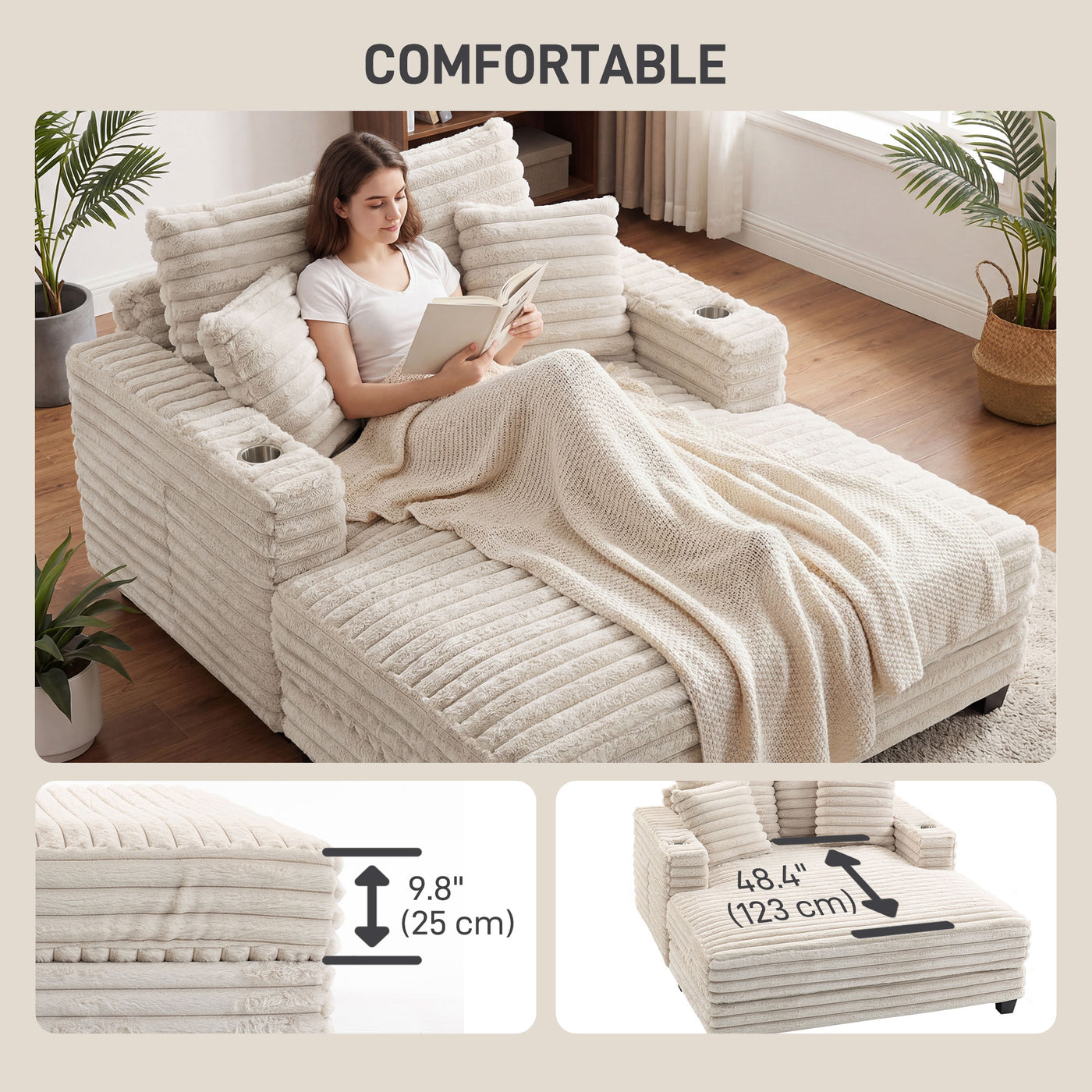 60" Chaise Lounge Chair, Oversized Upholstered Sofa Bed with Cup Holders & Pillows, Sleeper Couch for Living Room, Beige