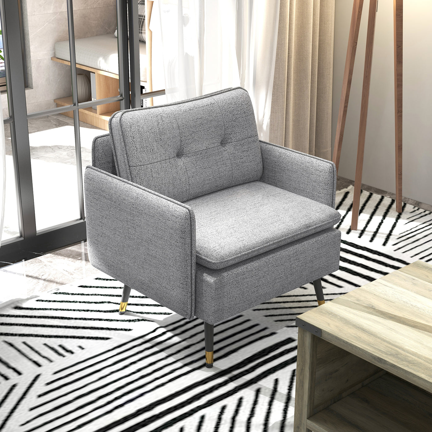 Accent Chair, Upholstered Armchair with Tufted Back Cushion and Steel Legs for Living Room, Bedroom, Grey