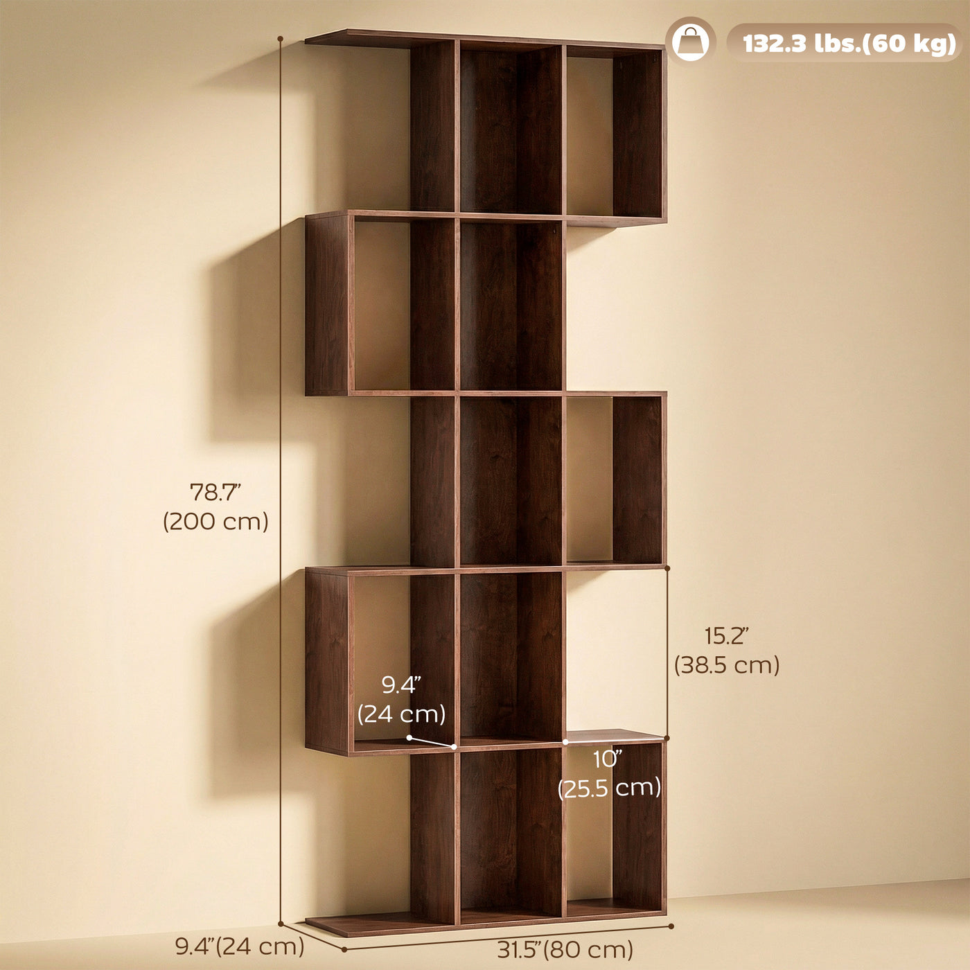 5-Tier Bookshelf, S Shaped Geometric Bookcase with 15 Compartments, Brown Wood Grain