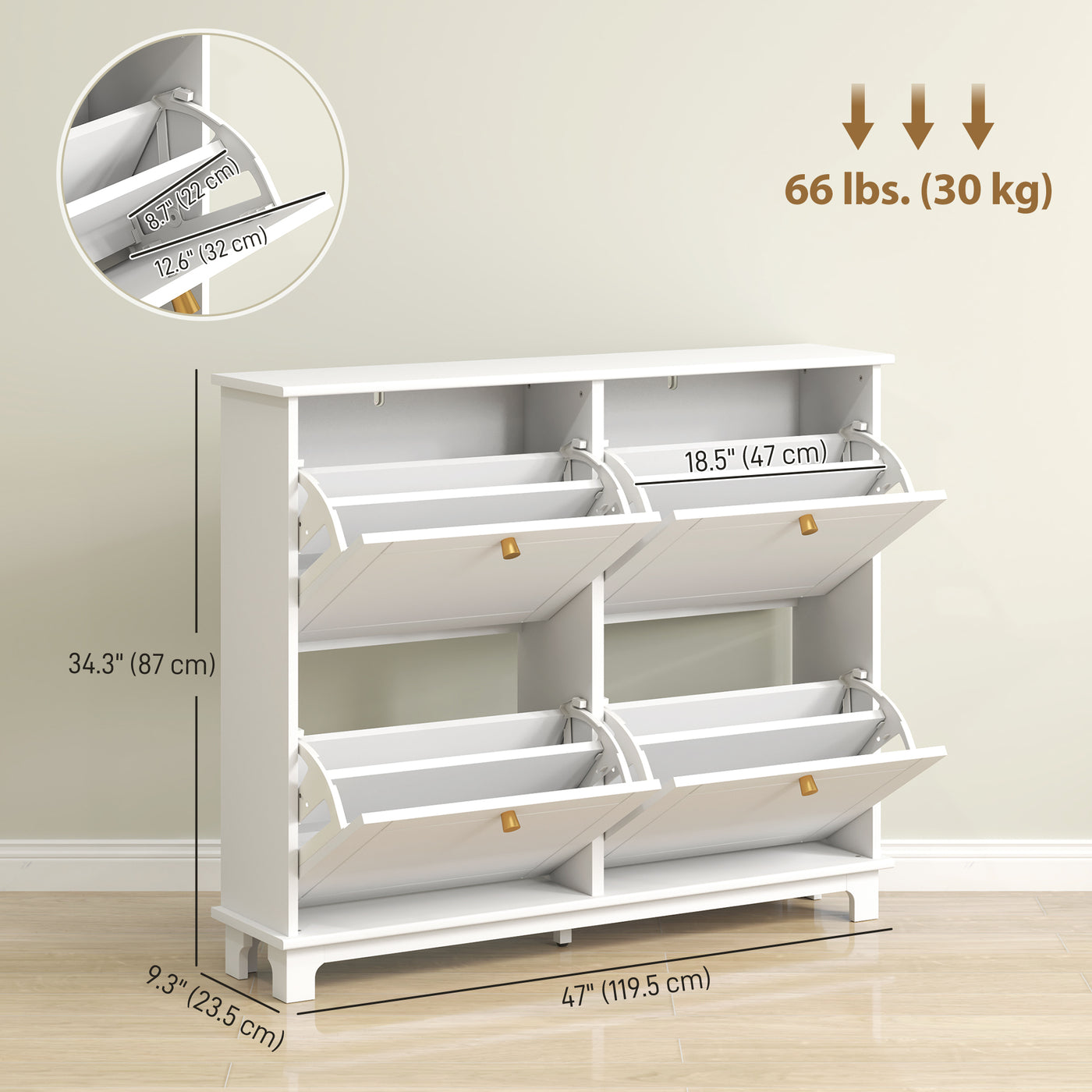 Modern Shoe Storage Cabinet, Narrow Shoe Cabinet with 4 Flip Drawers, Adjustable Shelves, 5 Legs for Entryway, White