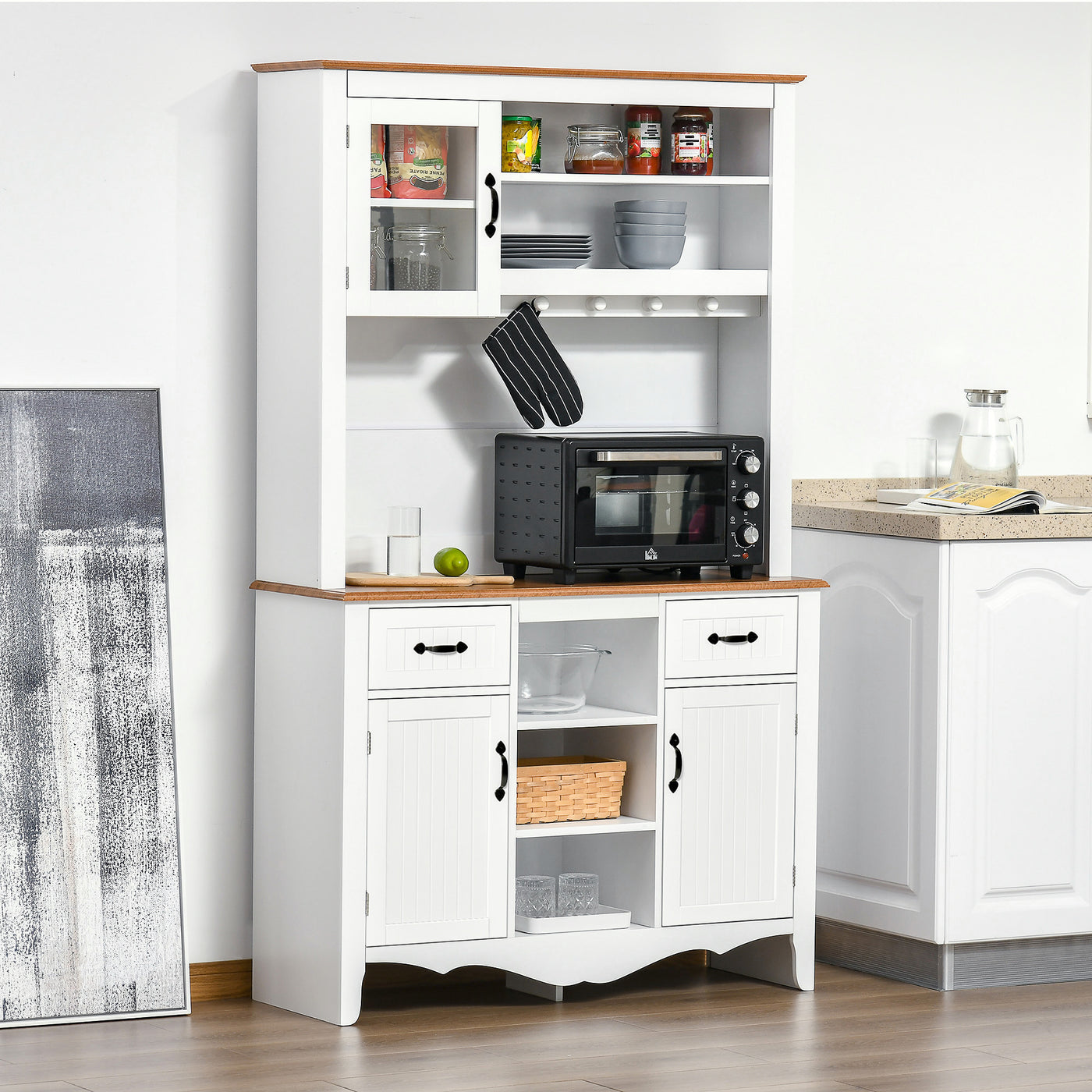 71" Kitchen Buffet with Hutch, Farmhouse Style Storage Cupboard with Utility Drawer, 3 Door Cabinets and 5-tier Shelves, White