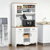 71" Kitchen Buffet with Hutch, Farmhouse Style Storage Cupboard with Utility Drawer, 3 Door Cabinets and 5-tier Shelves, White