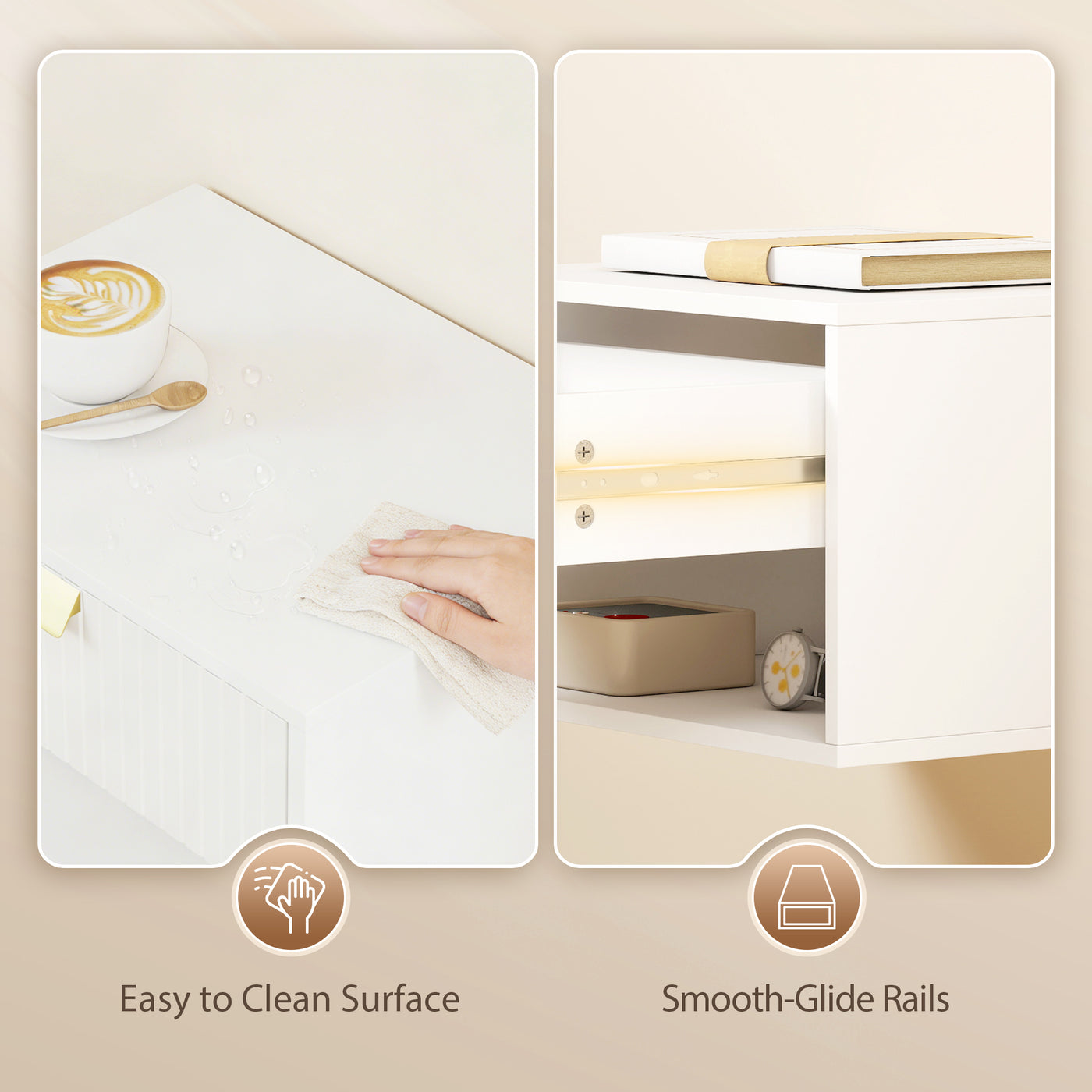 Set of 2 Wall Mounted Bedside Tables, Floating Nightstands with Fluted Drawer and Open Shelf for Bedroom, White