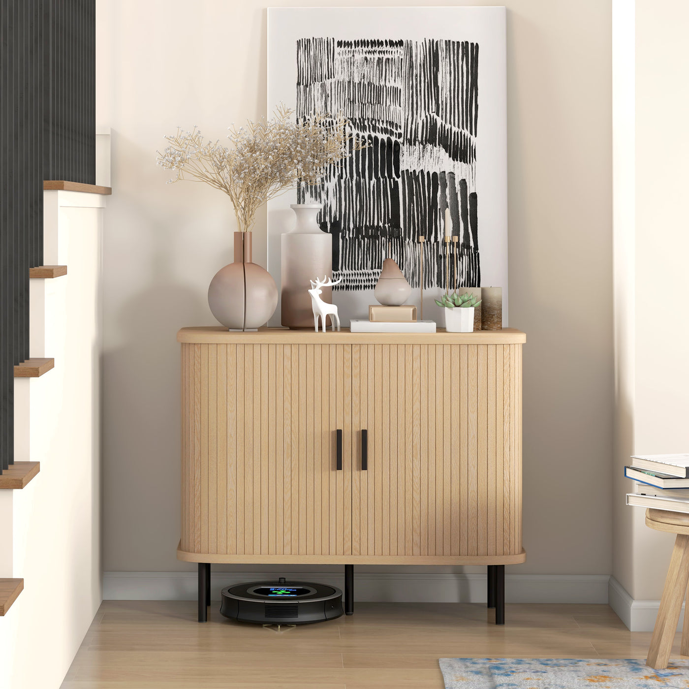 35.4" Sideboard Buffet Cabinet with Storage, Nordic Coffee Bar Cabinet with Slatted Tambour Doors and Metal Legs, Oak
