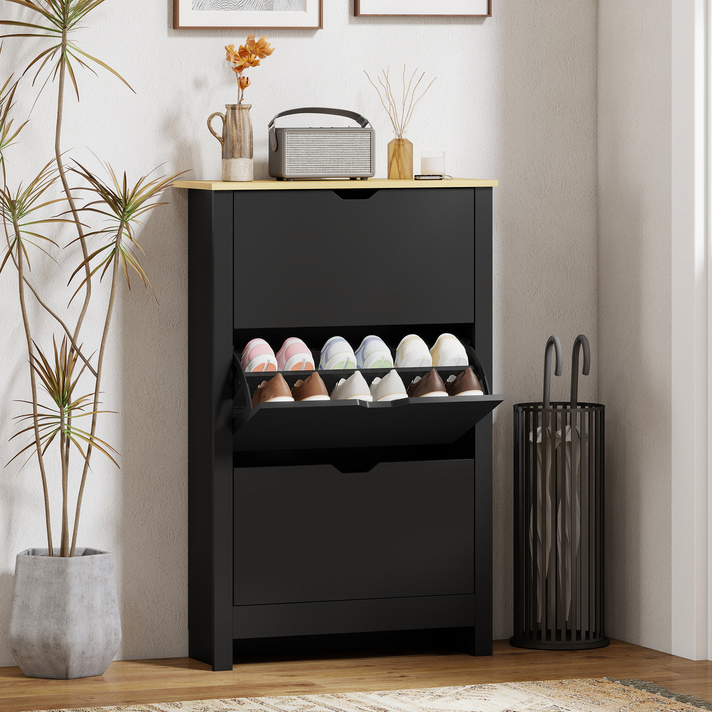 Shoe Storage Cabinet with 3 Flip Drawers and Adjustable Shelves for 12-18 Pairs of Shoes, Black