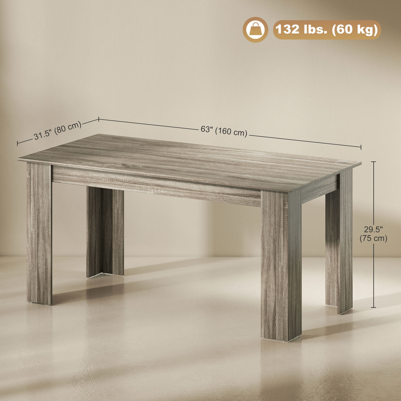 63" Kitchen Table for 4-6 People, Dining Table with Wood Effect for Dining Room, Grey