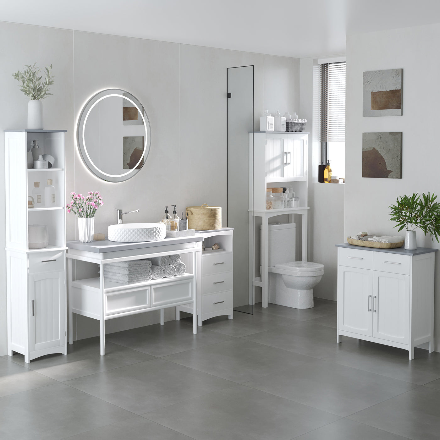 Small Bathroom Storage Cabinet, Floor Cabinet with 3 Drawers and Open Component, Narrow Bathroom Cabinet, White