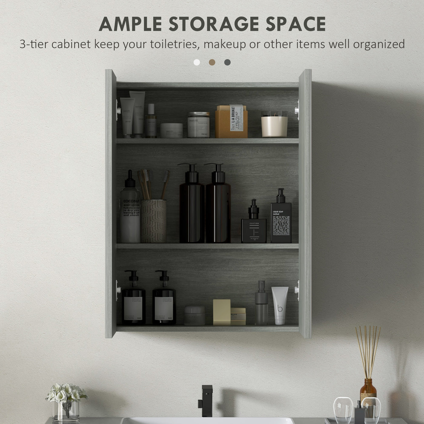 Wall Mount Mirrored Medicine Cabinet, Bathroom Mirror Cabinet with Adjustable Shelf, Double Soft Closing Doors, Grey
