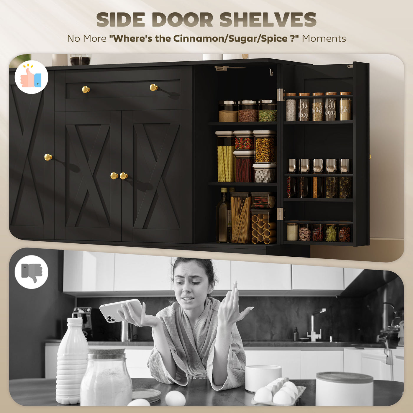 Sideboard Buffet Cabinet, Farmhouse Coffee Bar Cabinet with Door Shelves, Adjustable Shelves, Drawer, Barn Doors, Black