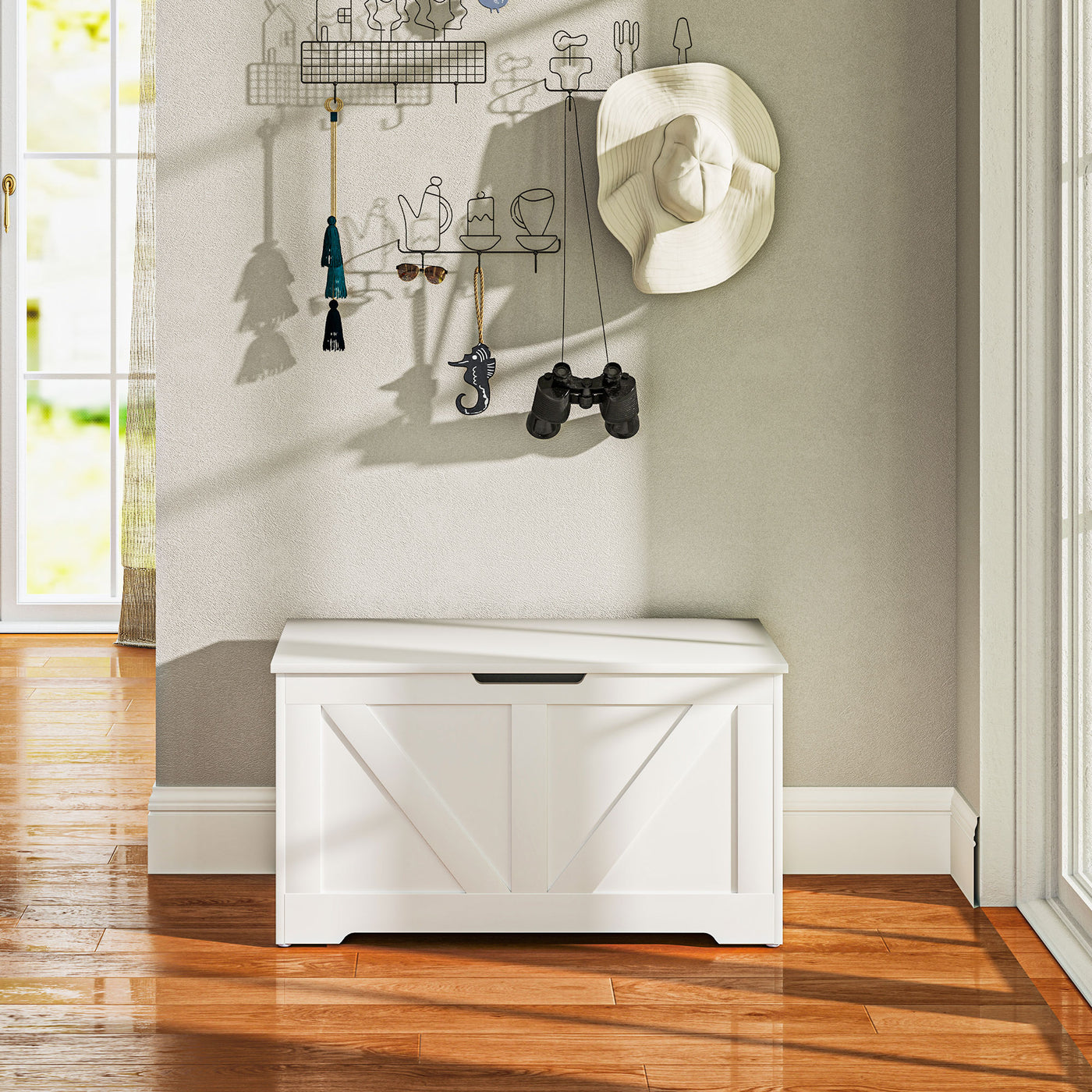 31.5 Inches Storage Chest, Storage Trunk with 2 Safety Hinges, Wooden Box for Living Room, White Wood Grain