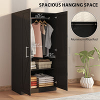 Wardrobe Cabinet with 2 Barn Doors and Hanging Rod, Farmhouse Armoire Wardrobe Closet for Bedroom, Black Wood Effect