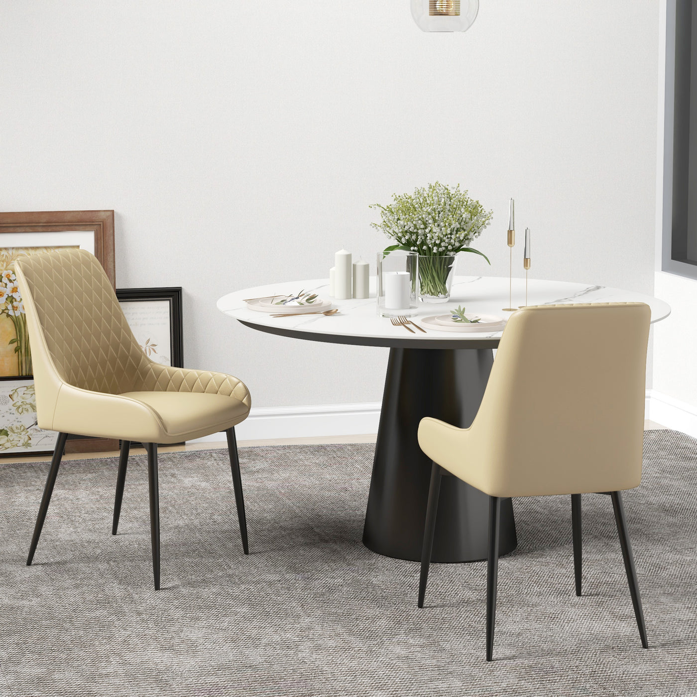 Upholstered Kitchen Chairs, Modern Dining Chairs Set of 2 with Diamond Tufting and Steel Legs for Dining Room, Khaki