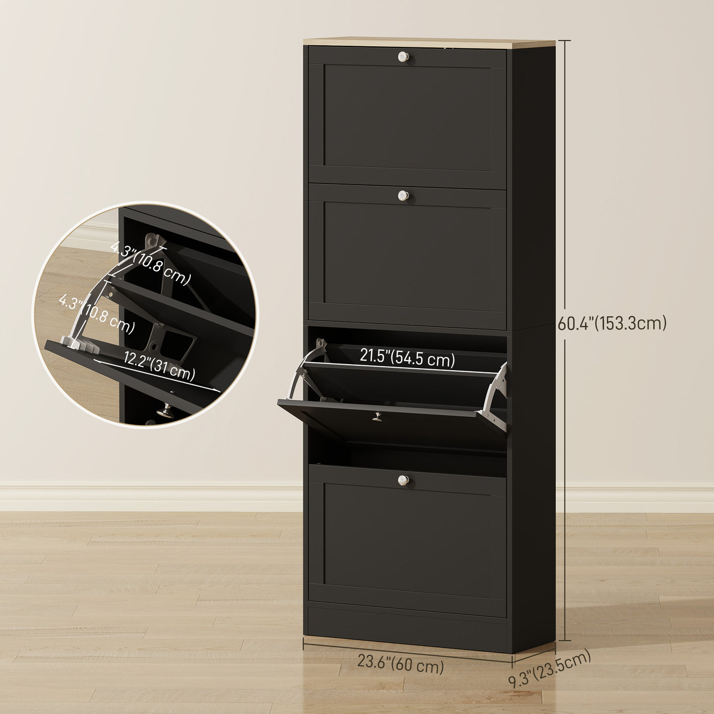 Modern Shoe Storage Cabinet with 4 Flip Drawers and Adjustable Shelves, Shoe Cabinet for 18-24 Pairs of Shoes, Black