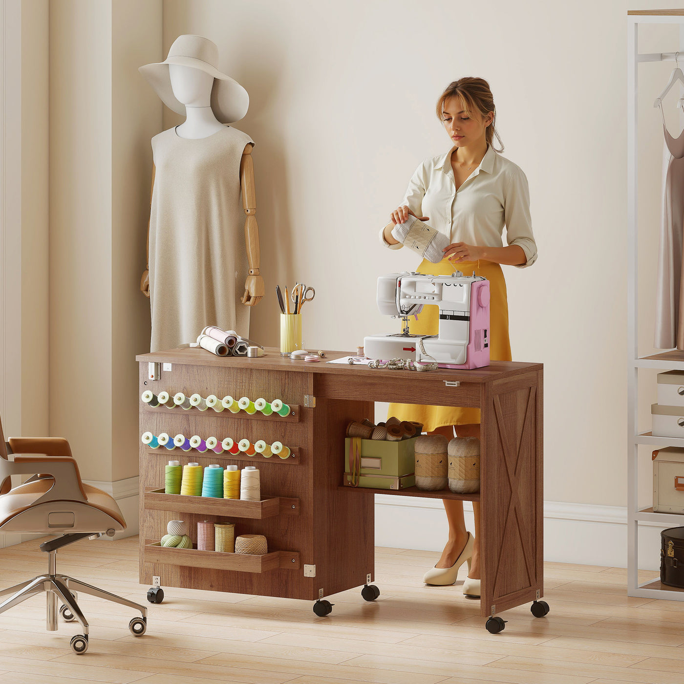 Sewing Machine Table on Wheels, Folding Craft Table with 2 Bins, Storage Shelf, 18 Pegs, Lockable Wheels, Brown