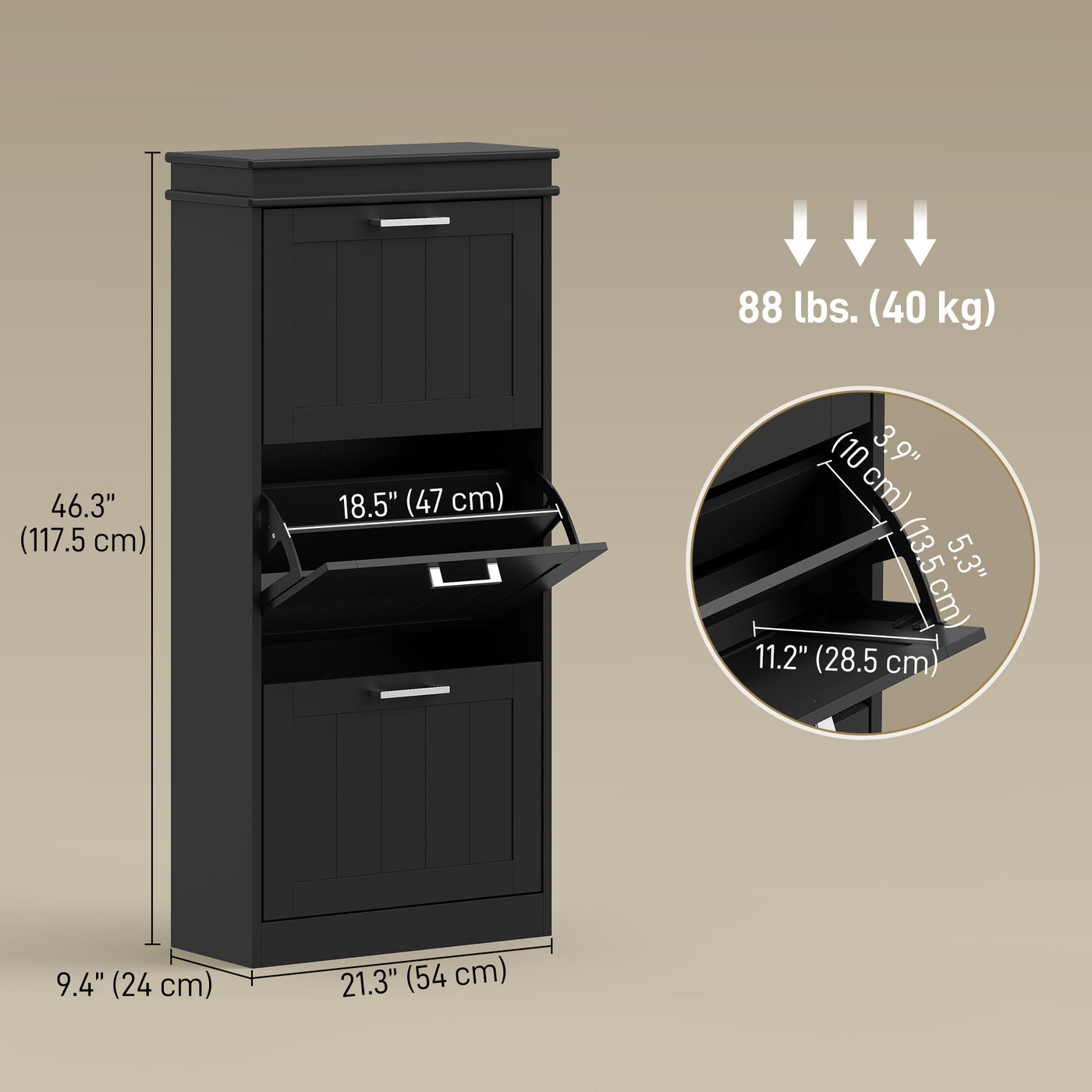 Slim Shoe Cabinet with 3 Flip Drawers and Adjustable Shelves, Narrow Shoe Cabinet for 15 Pairs of Shoes, Black