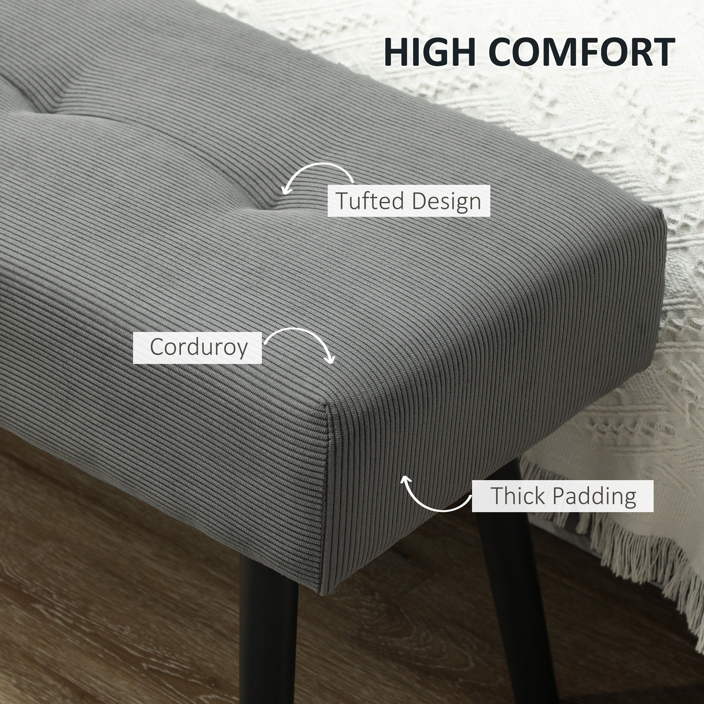 39" Upholstered Ottoman Bench, Corduroy Entryway Bedroom Bench with Padded Seat and Steel Legs for Bedroom, Grey