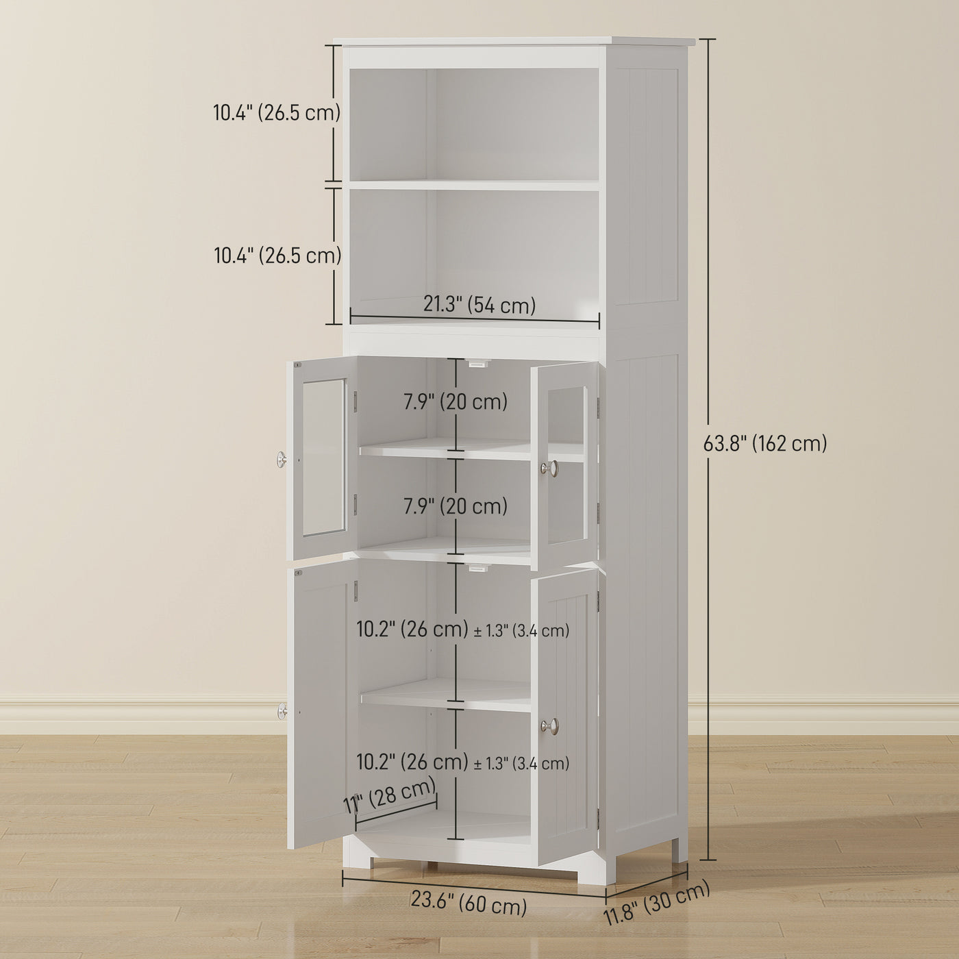 63" Small Buffet with Hutch, 4-Door Kitchen Pantry, Freestanding Storage Cabinet with Adjustable Shelf for Dining Room, Living Room, White