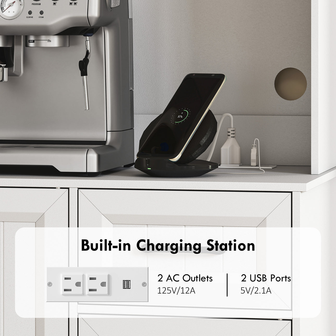 71" Pantry Cabinet with Charging Station, Kitchen Storage Cabinet with Microwave Stand, Adjustable Shelves, White