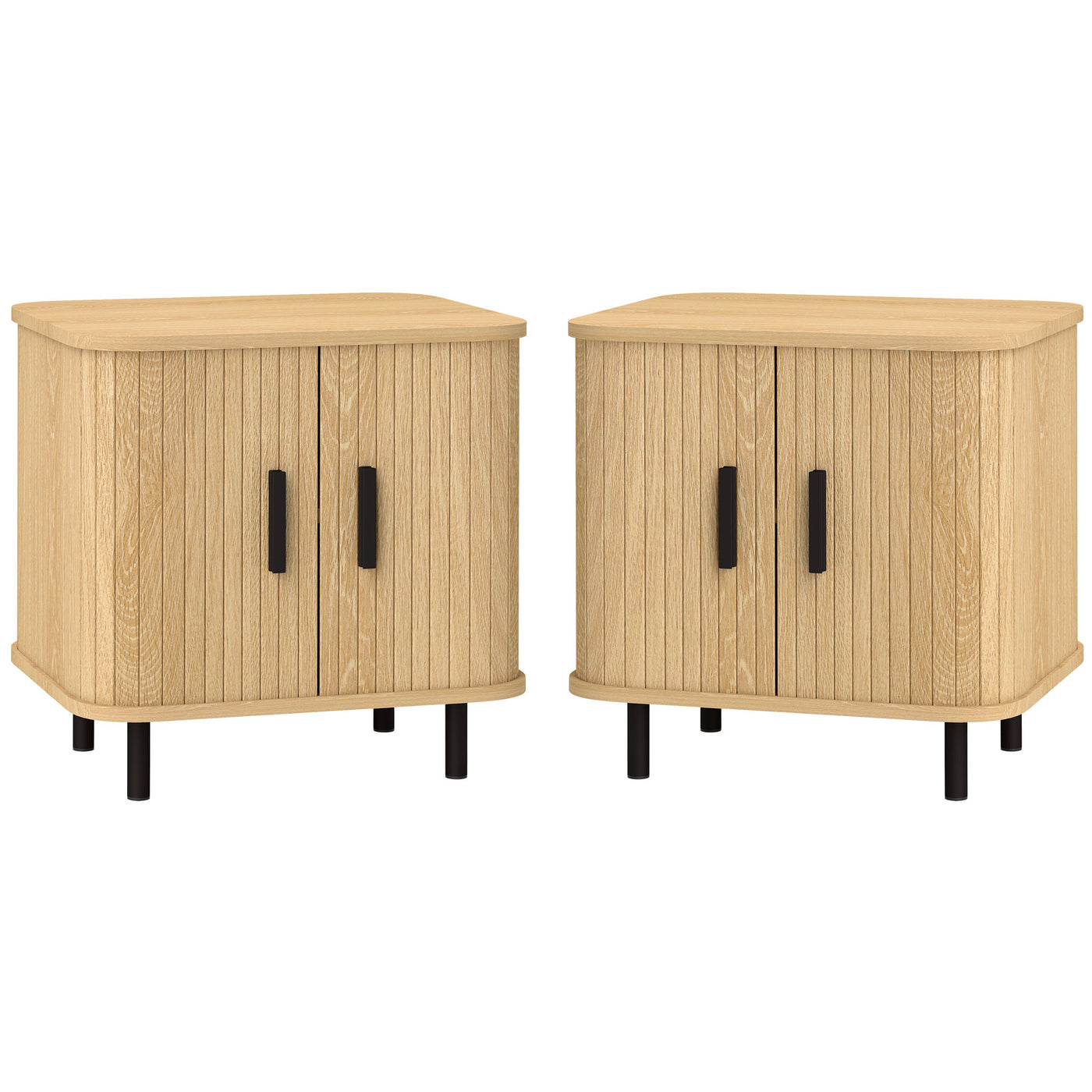 Nightstand Set of 2, Side Table with Shutter Doors, Sofa End Table with Steel Frame, for Bedroom, Living Room, Oak