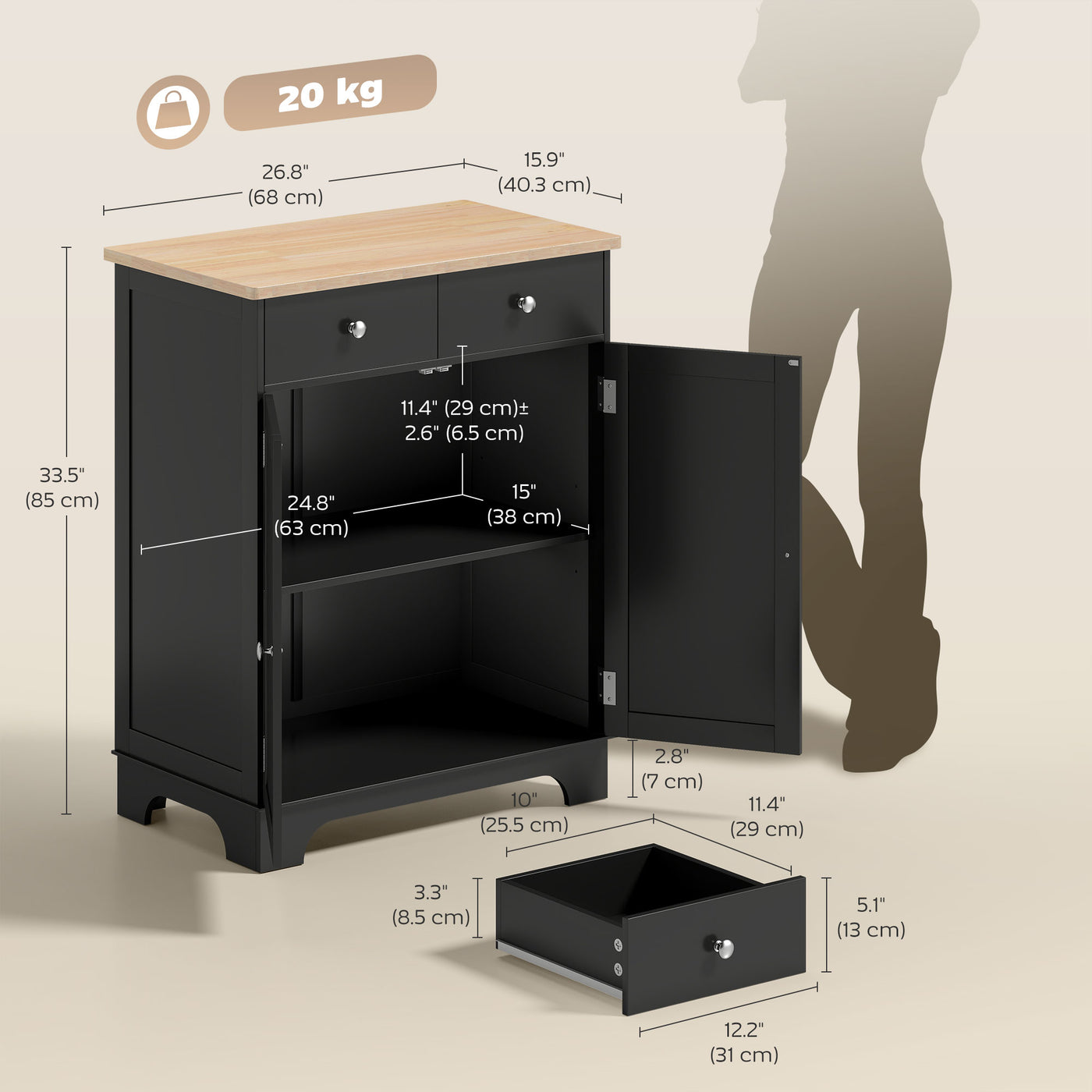 Sideboard Buffet Cabinet with Storage, 27" Kitchen Cabinet with Adjustable Shelf, 2 Drawers and 2 Doors, Coffee Bar Cabinet with Rubberwood Tabletop, Black