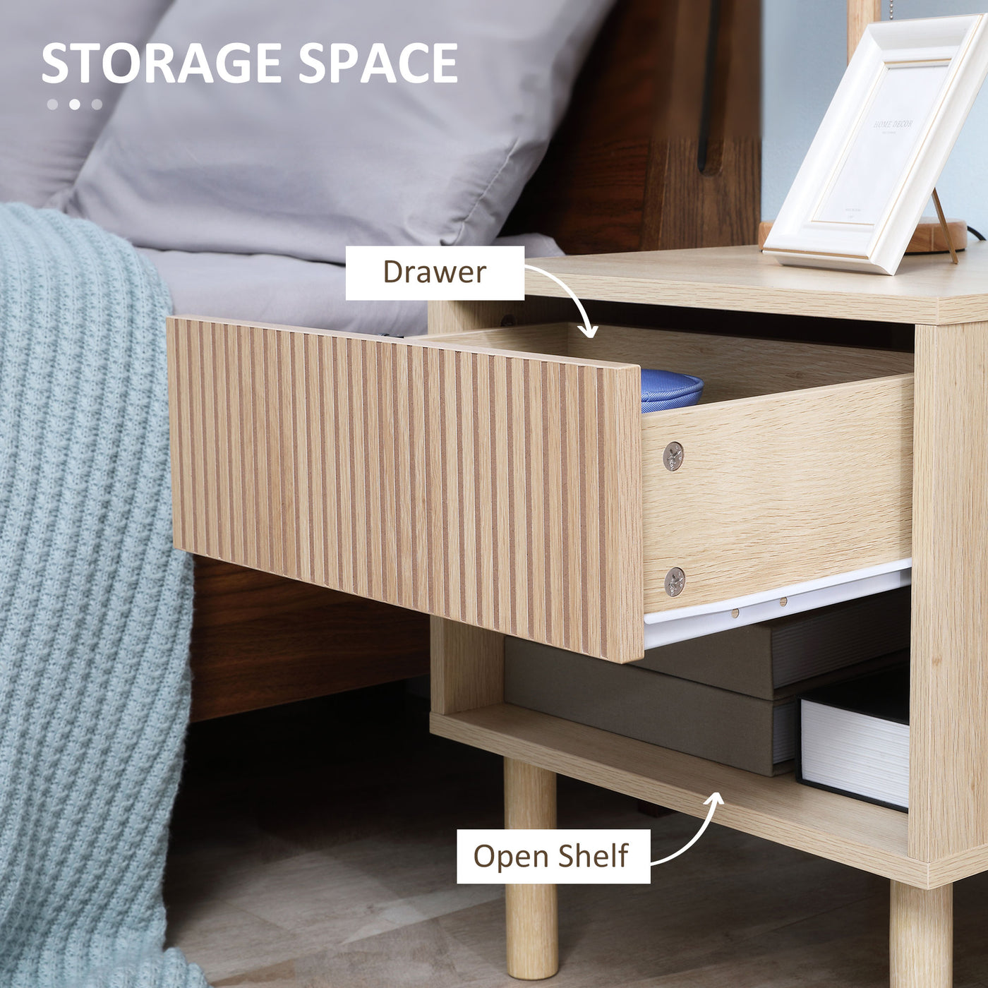 Set of 2 Bedroom Nightstands, Side Table with Storage Shelf and Drawer for Living Room, Bedroom, Natural Wood