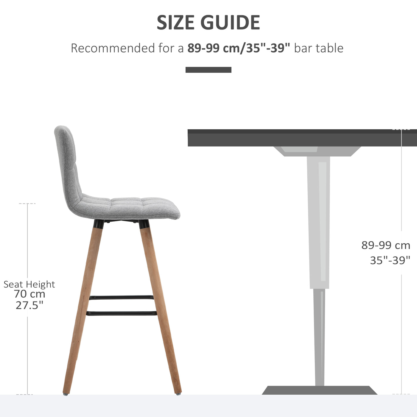 Modern Bar Stools Set of 2, 38" Upholstered Kitchen Island Stool with Solid Wood Legs, Grey