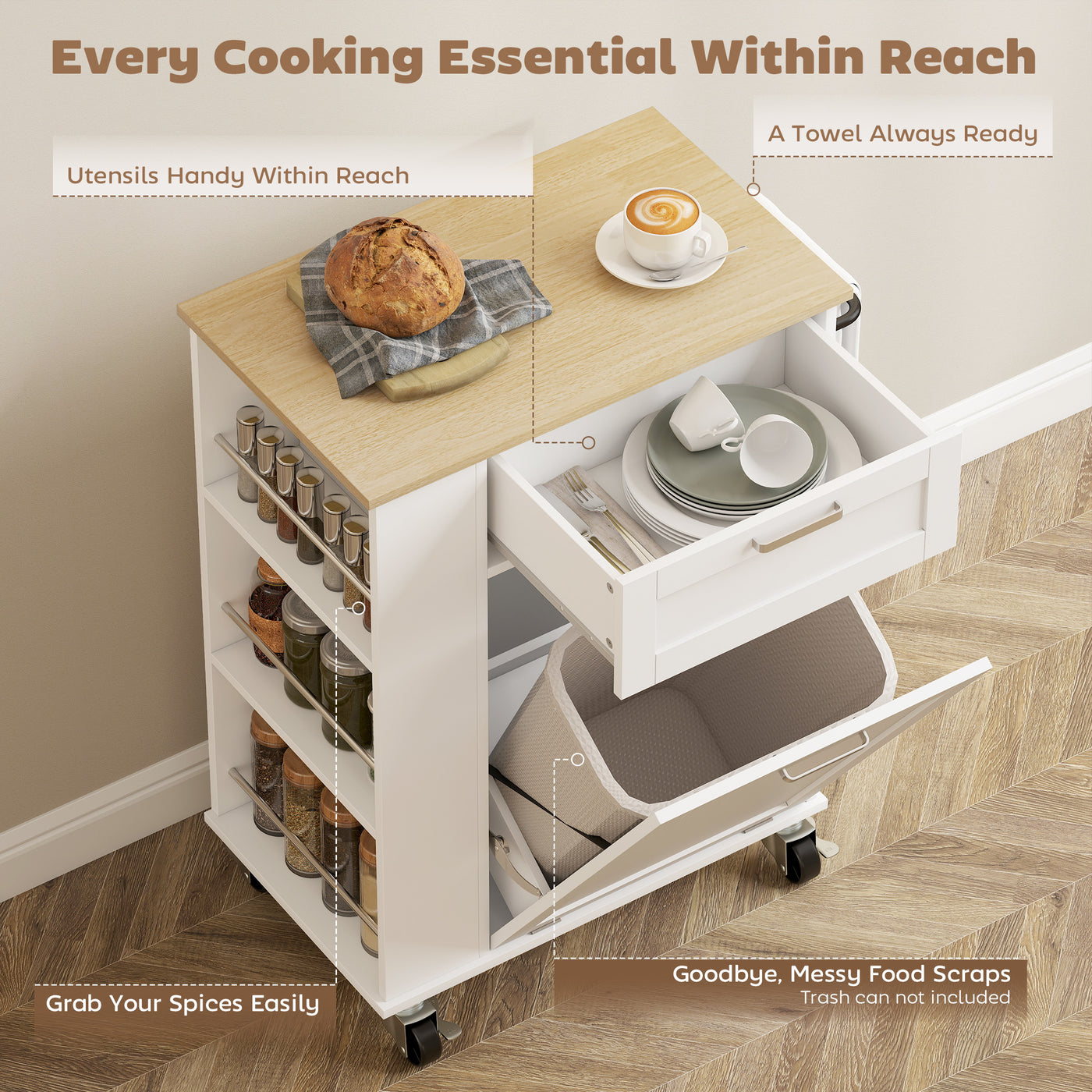 Rolling Kitchen Island with Trash Can Storage, Kitchen Island on Wheels with Spice & Rack, Drawer for Kitchen, White