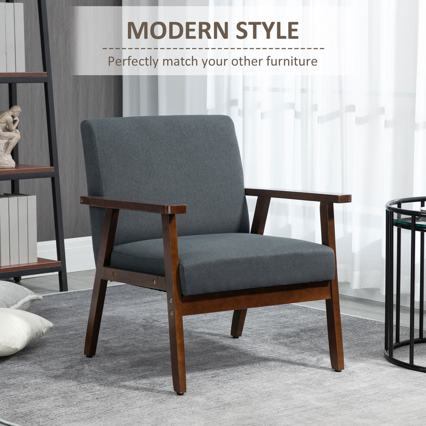 Modern Accent Chairs with Cushioned Seat, Upholstered Linen-Feel Armchair for Bedroom, Living Room, Dark Gray