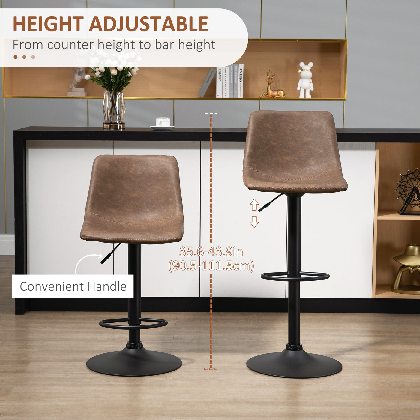 Adjustable Counter Height Bar Stools Set of 2, 360° Swivel Kitchen Counter Stools Dining Chairs with Backs, Vintage Leather, Brown