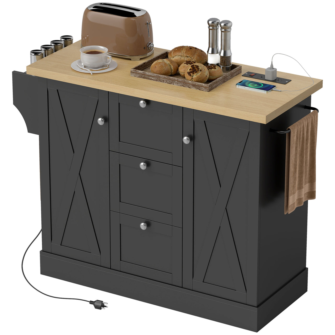 Farmhouse Kitchen Island Cart with Power Outlet and Soft-Close Doors, 49" Kitchen Island with 3 Drawers, Black