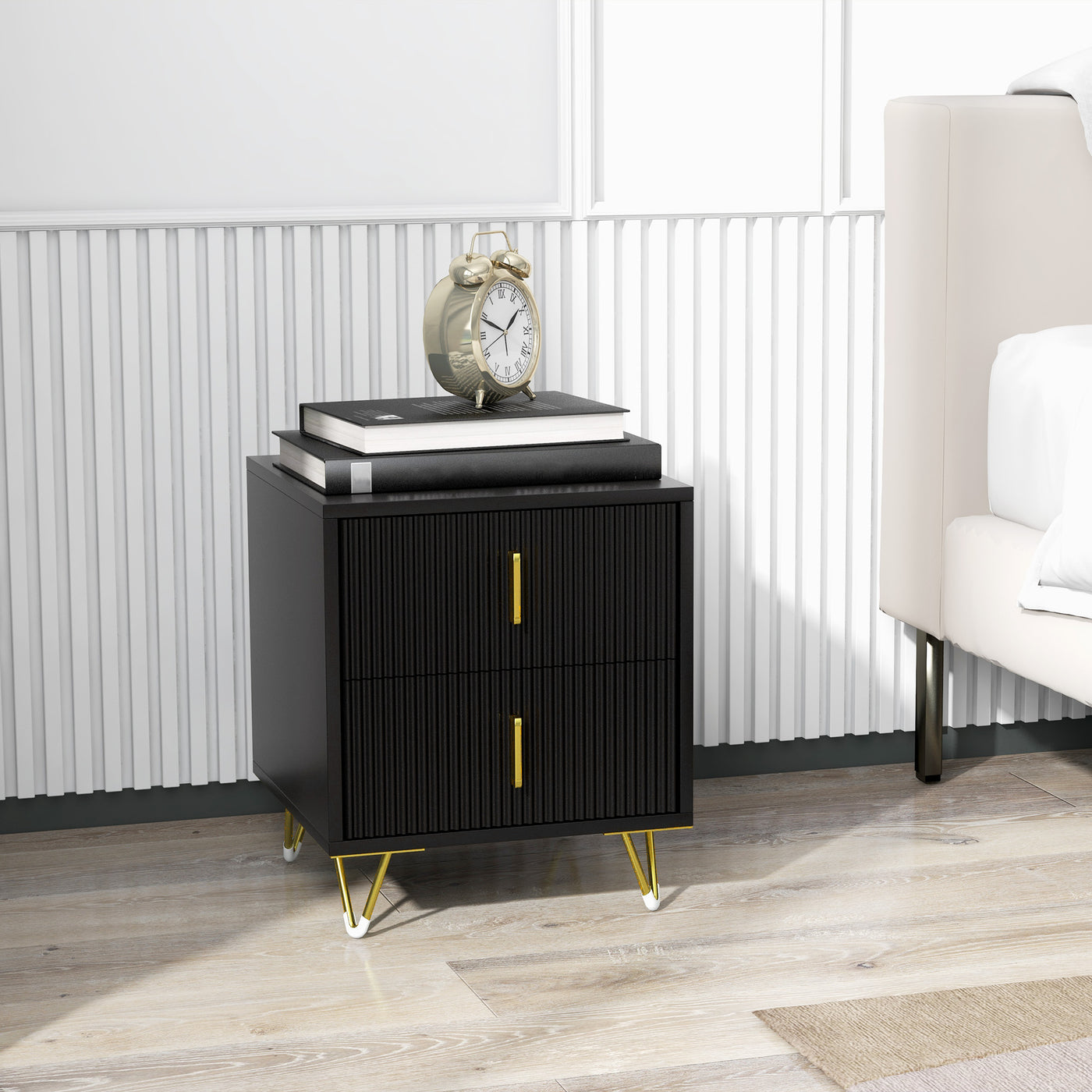 Bedside Table, Modern Nightstand with 2 Drawers, Side End Table with Metal Legs for Living Room, Bedroom, Black