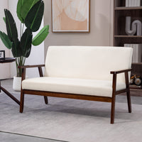 Compact Loveseat Sofa Couch Linen Fabric Double Seat Sofa with Rubber Wood Legs Cream White