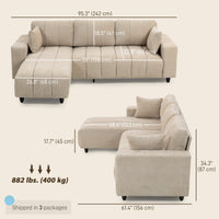 Sectional Couch with Integrated Seat, 3 Seater L-Shaped Sofa with Changeable Chaise, Spring Cushion, 2 Pillows, Beige