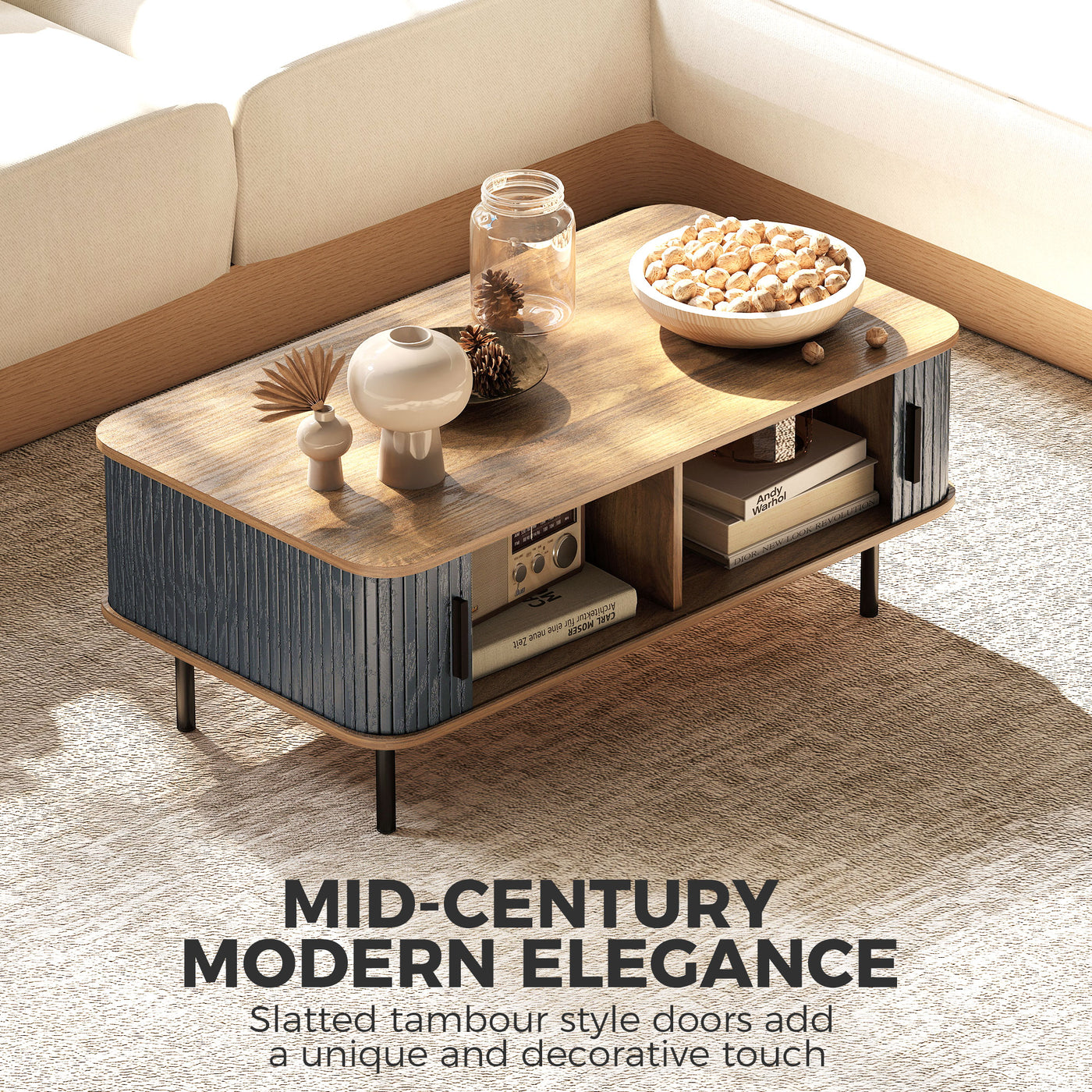 Nordic Side Table with Fluted Tambour Sliding Doors and Steel Legs, Coffee Table with Storage for Living Room, Black