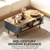 Nordic Side Table with Fluted Tambour Sliding Doors and Steel Legs, Coffee Table with Storage for Living Room, Black