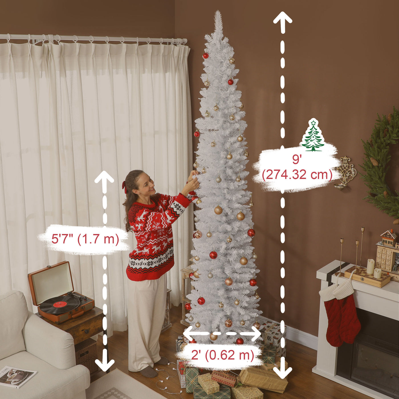 9ft Christmas Tree with Colourful DIY Synchronized LEDs, Hinged Pencil Xmas Tree with Remote, Daily Timer, White
